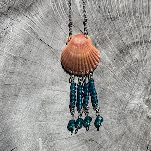 Scallop Shell Necklace: Beaded Stainless Steel Chain, Beach Jewelry