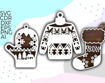 christmas stocking svg, christmas ugly sweater svg, christmas 3d ornament svg, christmas mitten svg, laser cut or cnc, file glowforge