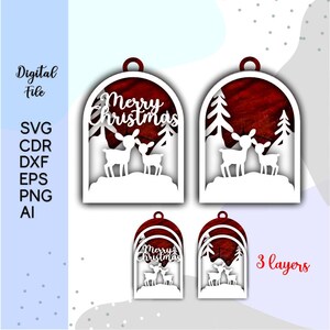 May include: Three-layer white paper cut-out ornament featuring a red background with the text "Merry Christmas" and two deer. The ornament is designed for layering and can be used for crafting or decorating.