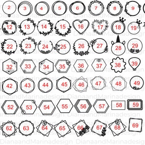 May include: A collection of 70 black and white digital design elements, including circles, hearts, hexagons, and squares. Each shape is numbered and features various decorative borders, such as floral and geometric patterns. The text "DianaandMarinadesign" is present.