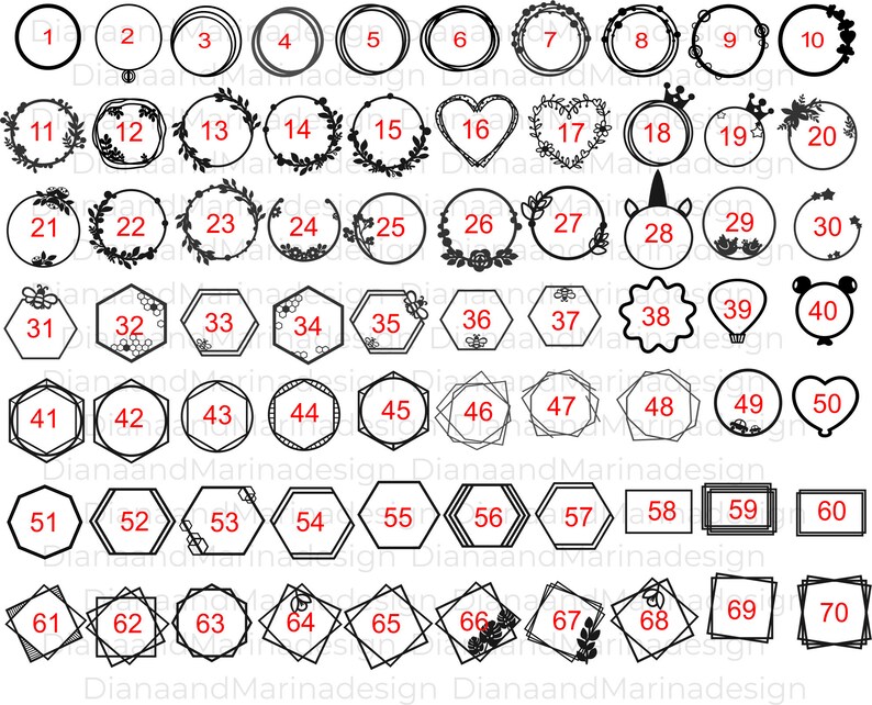 May include: A collection of 70 black and white digital design elements, including circles, hearts, hexagons, and squares. Each shape is numbered and features various decorative borders, such as floral and geometric patterns. The text "DianaandMarinadesign" is present.