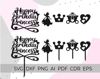 ハッピーバースデープリンセス、ケーキトッパーSVG、ケーキトッパーSVG、ケーキトッパークリカット、バースデーケーキトッパー、ケーキトッパーパターン、プリンセスSVGファイル