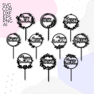 happy birthday svg bundle, cake topper svg, circle leaf frame svg cake topper cricut, cake topper laser cut, svg files cricut silhouette