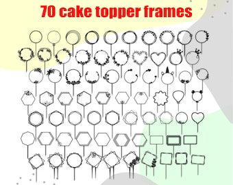 Op de afbeelding: Een set van 70 zwarte taarttopper-frames in verschillende vormen, waaronder cirkels, zeshoeken, vierkanten en harten. De frames zijn op een witte achtergrond met een lichtgele en groene achtergrond erachter.