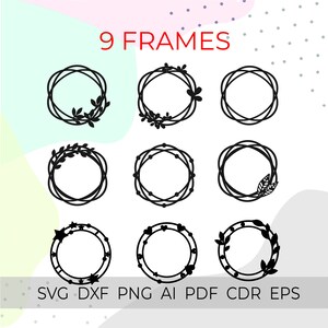 Puede incluir: Nueve marcos circulares negros con varios elementos decorativos, incluyendo hojas, estrellas y corazones. El texto "9 FRAMES" está en rojo en la parte superior. Debajo están las abreviaturas de los tipos de archivo: SVG, DXF, PNG, AI, PDF, CDR y EPS.