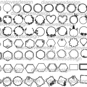 May include: A collection of black and white graphic design elements, including circles, wreaths, hearts, hexagons, and frames. The text "dianalovesdesign" is repeated throughout the image.
