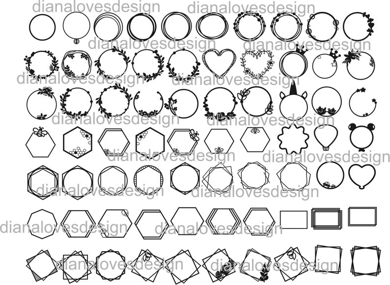 May include: A collection of black and white graphic design elements, including circles, wreaths, hearts, hexagons, and frames. The text "dianalovesdesign" is repeated throughout the image.