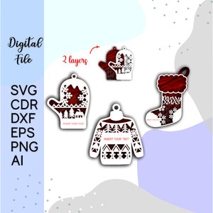 May include: Digital file featuring four Christmas-themed ornaments: a mitten, a sweater, a stocking, and another mitten. Each ornament has a white, layered design with a red background. The text "INSERT YOUR TEXT" is visible on two of the ornaments.