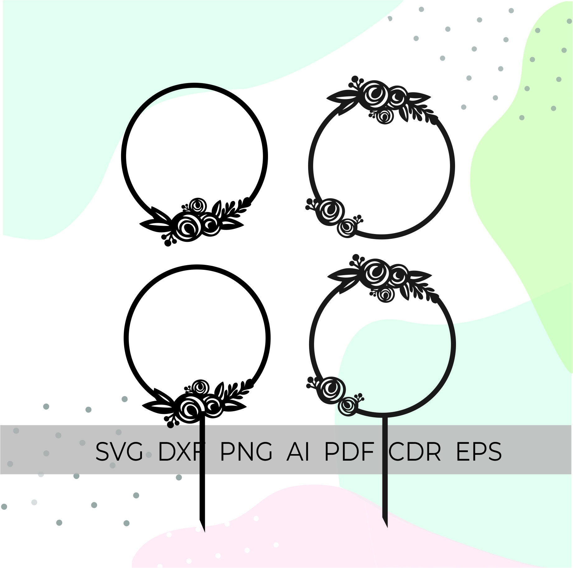 cake topper svg, floral circle svg, files for cricut, wedding frame svg, cake topper frame svg, happy birthday svg, flower frame svg, png