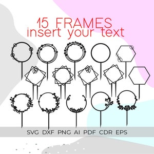 Puede incluir: Diseños de arte lineal negro de 15 marcos con varias formas, incluyendo círculos, cuadrados y hexágonos, cada uno con un tallo. El texto "15 FRAMES insert your text" es rojo. Debajo de los marcos están las abreviaturas de tipos de archivo: SVG, DXF, PNG, AI, PDF, CDR, EPS.