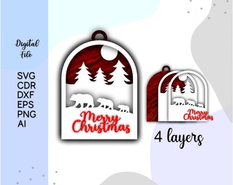 christmas bear laser cut, bear ornament svg, polar bear 3D christmas ornament, bear family ornament, multi layer christmas, glowforge, cnc