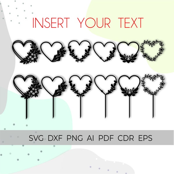 cake topper svg, heart frame svg, birthday cake topper cut file, wedding frame svg, file for cricut, floral wreaths svg, leaf frame svg, dxf