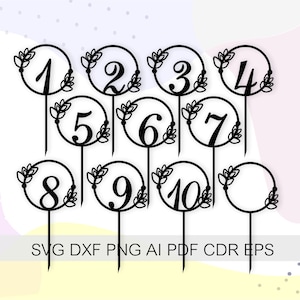Könnte beinhalten: Zehn schwarze Tortendekorationen mit den Zahlen 1 bis 10 in einem Kreis mit floralen Akzenten. Die Dekorationen befinden sich auf einem weißen Hintergrund mit einem rosa und gelben Farbverlauf.