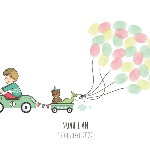 Arbre à empreintes personnalisable à imprimer | Illustration originale thème voiture rétro et ballons | Baptême, Anniversaire, Baby Shower