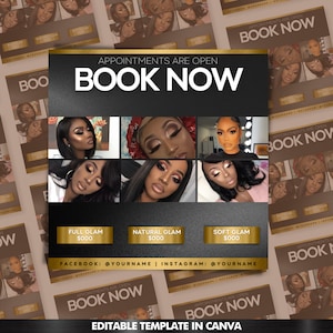 Puede incluir: Un gráfico negro y dorado con el texto "Las citas están abiertas, Reserva ahora" e imágenes de mujeres con diferentes looks de maquillaje. El gráfico también incluye el texto "Full Glam 000 €, Natural Glam 000 €, Soft Glam 000 €" y los identificadores de redes sociales para Facebook e Instagram.