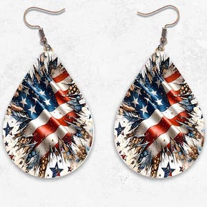 Modello per sublimazione di orecchini a goccia con bandiera americana in formato PNG / Design rustico con stelle e strisce patriottiche