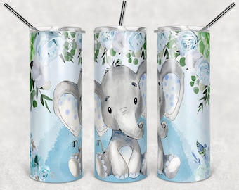 Baby Boy Elephant Watercolor Blue Floral straight 20oz skinny and tapered tumbler digital download PNG sublimation
