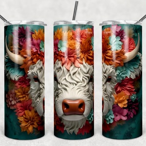 3D Flower Cow 20 oz Skinny Beer Tumbler Tumbler Wrap Sublimación JPG Diseño Sublimación PNG Gráficos Diseños Descarga instantánea