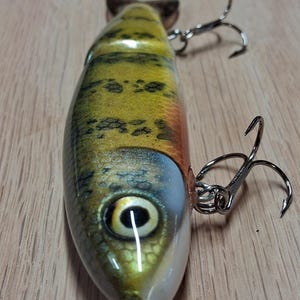 5 1/4" 1oz Premium  Handmade Wooden 2 Piece Jointed Glide/Swim Bait: Color Shift Yellow Pearch