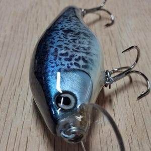May include: A fishing lure with a fish-like design. The lure has a blue and silver body with a speckled pattern, a clear plastic lip, and two treble hooks. The eye of the lure is visible.