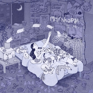 May include: A blue and white illustration of a bedroom with a bed covered in stuffed animals and a person lying on the bed. The room is decorated with posters and plants. The text "Myrhhopal!" is written on a poster on the wall.