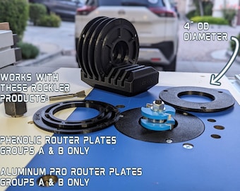 4" Dia. Rockler Router Plate Insert Ring Set with Caddy | Router Table Accessory Gift | Make safer router table cuts
