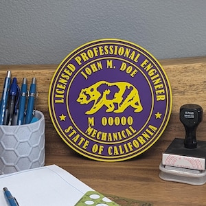 Plaque signalétique personnalisée de 7 po. - Tampon PE personnalisé - Cadeau de bureau d'ingénieur - Art tampon PE de bureau - Panneau mural