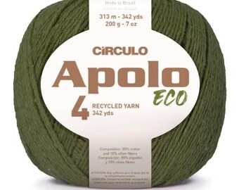 May include: A ball of olive green recycled yarn with a white label. The label features the brand name "CÍRCULO Apolo 4 ECO" and details including 342 yds, 7 oz, and the composition of 85% cotton and 15% other fibers.