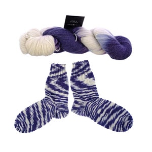 May include: A pair of purple and white striped socks with a skein of purple and white yarn.