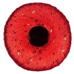 May include: A spool of red yarn with gold sequins. The yarn is wound tightly and the sequins are evenly distributed throughout the yarn.