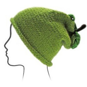 May include: Green knitted beanie with a large green and black flower embellishment on the side.
