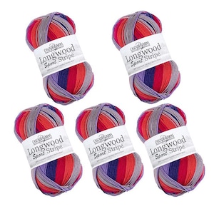 May include: Six skeins of Longwood Sport Stripe yarn in a purple, red, and pink color combination. The yarn is labeled "Cascade Yarns Longwood Sport Stripe".