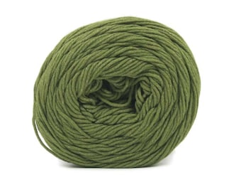 May include: A ball of olive green yarn, tightly wound and textured, against a white background. The yarn appears to be cotton or a similar fiber, suitable for knitting or crocheting projects. The color is a muted, earthy tone.