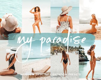 May include: A collage of photos featuring women in swimwear and summery clothing on a beach. The text "my paradise" is written in white script over a blue and white watercolor background. The text "MOBILE & DESKTOP LIGHTROOM PRESETS" is written in white at the bottom of the image.