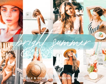 May include: A collage of images featuring a variety of summer scenes, including a woman in a white swimsuit, a woman in a black dress, a woman in a striped swimsuit, and a glass of water with fruit and mint. The text "bright summer" is written in white cursive on a blue watercolor background.