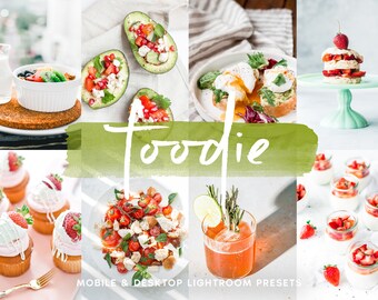 Puede incluir: Un collage de imágenes que muestran varios alimentos, incluyendo tostadas de aguacate, una ensalada con tomates y albahaca, un cóctel con una rodaja de lima y un postre con fresas. El texto "Foodie" está escrito en blanco sobre un fondo de acuarela verde. El texto "Mobile & Desktop Lightroom Presets" está escrito en negro en la parte inferior de la imagen.