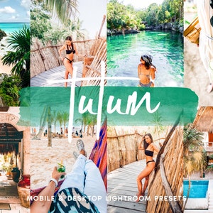 Puede incluir: Un collage de fotos con destinos tropicales, incluyendo una playa, un cenote y un resort. Las fotos están editadas con una paleta de colores cálidos y vibrantes. El texto "Tulum" está escrito en blanco sobre un fondo de acuarela verde.