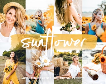 Puede incluir: Un collage de imágenes con girasoles, mujeres y escenas de la naturaleza. El texto "Sunflower" está escrito en blanco sobre un fondo amarillo. El texto "Mobile & Desktop Lightroom Presets" está escrito en negro en la parte inferior de la imagen.