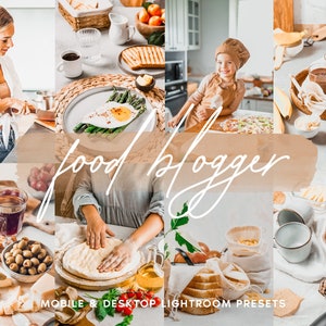 May include: A collage of images showcasing food photography and styling tips for food bloggers. The images include a woman preparing dough, a plate of asparagus and eggs, a girl in a chef's hat, and a variety of food items like bread, cheese, and chocolate.
