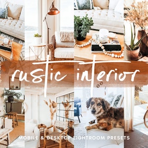 Pode incluir: Uma colagem de imagens que mostram uma estética de design de interiores rústico. As imagens apresentam uma sala de estar com um sofá branco, uma mesa de café com um livro e uma planta, uma cadeira de vime, um cão deitado em um sofá branco e uma bicicleta encostada em uma parede.