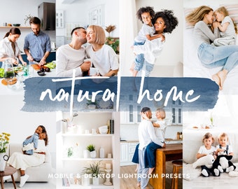 Puede incluir: Un collage de imágenes que muestran a una familia en un ambiente hogareño. Las imágenes presentan a una pareja en la cocina, una pareja en un dormitorio, una pareja en una sala de estar y dos niños en un dormitorio. Las imágenes están todas en luz natural y tienen una sensación cálida y acogedora. El texto "natural home" está escrito en blanco sobre un fondo azul.