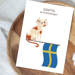 Tarjeta de cumpleaños sueca imprimible - Grattis på födelsedagen (Feliz cumpleaños en sueco) con bandera de Suecia y gato - Descarga digital