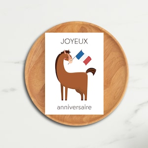 Printable French Birthday Card - Joyeux Anniversaire (Happy Birthday in French) with France Flag and Horse - Digital Download