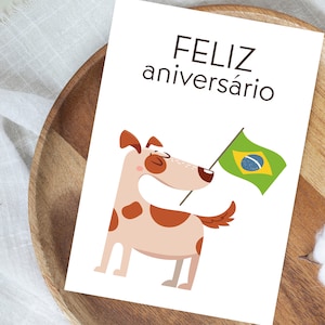 Biglietto di compleanno brasiliano stampabile, Feliz aniversário (buon compleanno in portoghese) con bandiera del Brasile e cane, download digitale