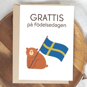 Schwedische Geburtstagskarte zum Ausdrucken - Grattis på födelsedagen (alles Gute zum Geburtstag auf Schwedisch) mit Schweden Flagge und Bär - Digitaler Download
