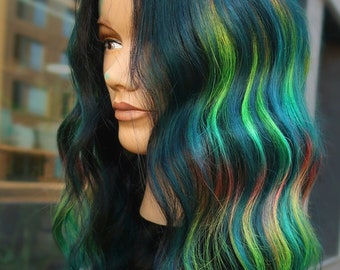 18" Human Hair Lace Front Wig: Teal Rainbow Prism Highlights