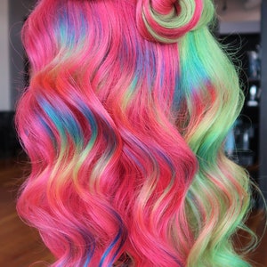 18&quot; Custom Colored Human Hair Lace Front Wig. 13*6 Cap + 180% Density. Unicorn, Mermaid, Rainbow, Festivals, UV Reactive