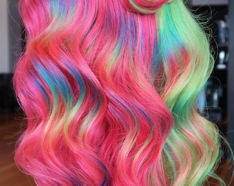 UV-reactieve pruik met kant aan de voorkant: felroze, limoengroen, regenboog