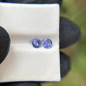 May include: Two round, purple gemstones on a white display card. The gemstones are approximately 5mm in diameter.