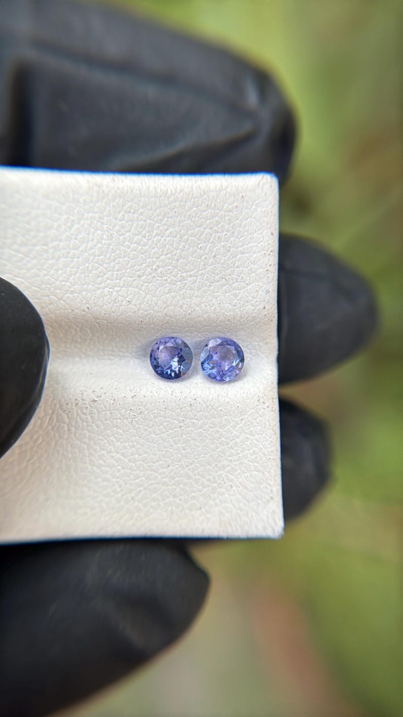 May include: Two round, purple gemstones on a white display card. The gemstones are approximately 5mm in diameter.